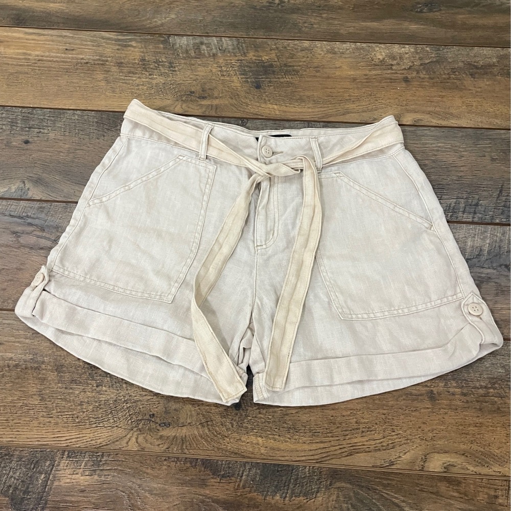 Sanctuary Beige 100% Linen Tie Waist Utility Shorts Size 28 Coastal Minimalist